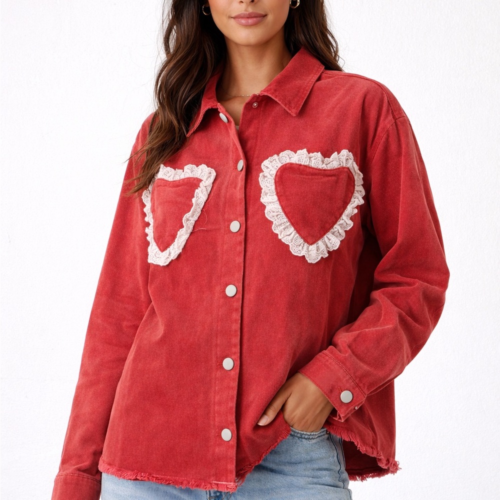 DAVI & DANI Red Denim Jacket with Lace Heart Details